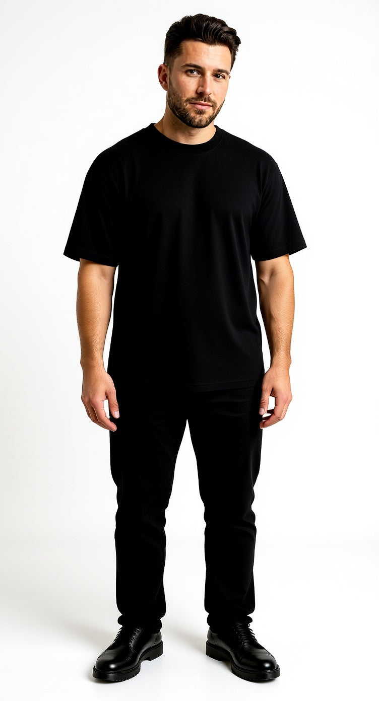 J S Men's  240 GSM Oversized Black Plain T-Shirt