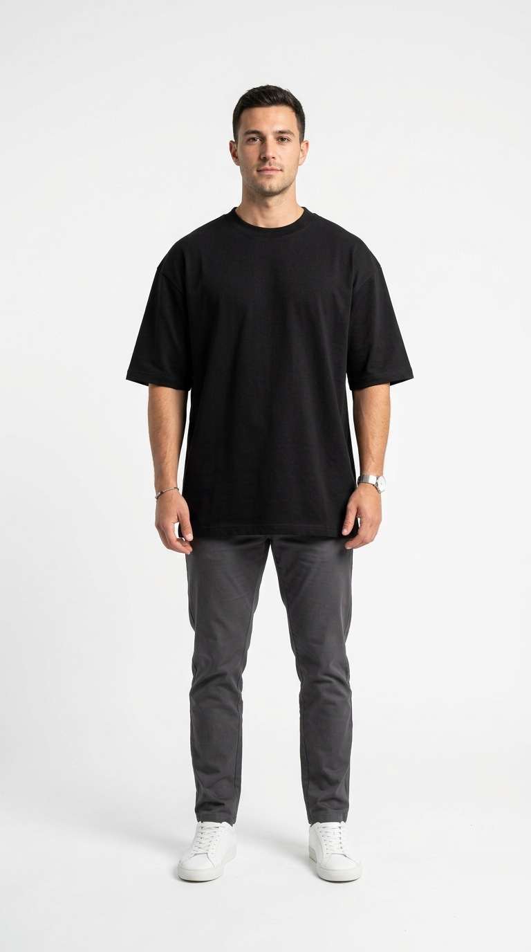 J S Men's  240 GSM Oversized Black Plain T-Shirt