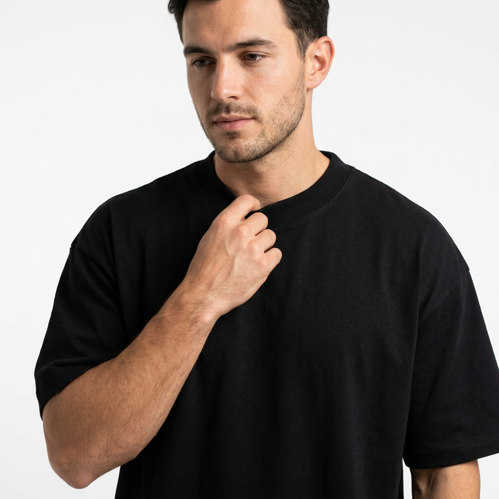 J S Men's  240 GSM Oversized Black Plain T-Shirt