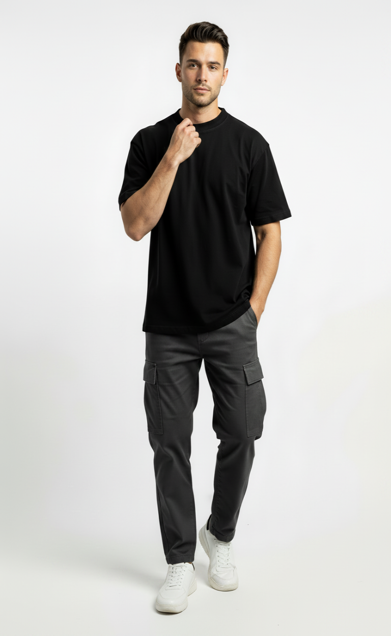 J S Men's  240 GSM Oversized Black Plain T-Shirt