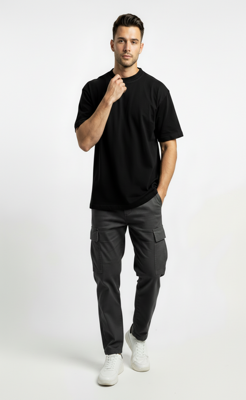 J S Men's  240 GSM Oversized Black Plain T-Shirt