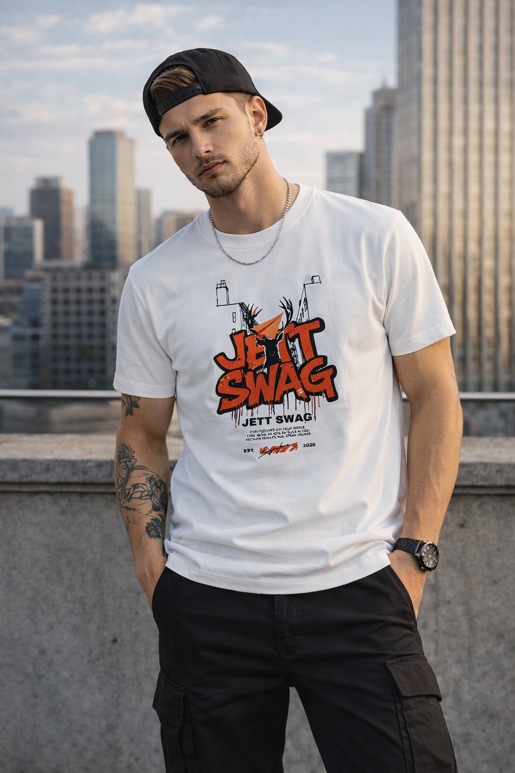 J S Men's 240 GSM Oversized White Printed T-Shirt