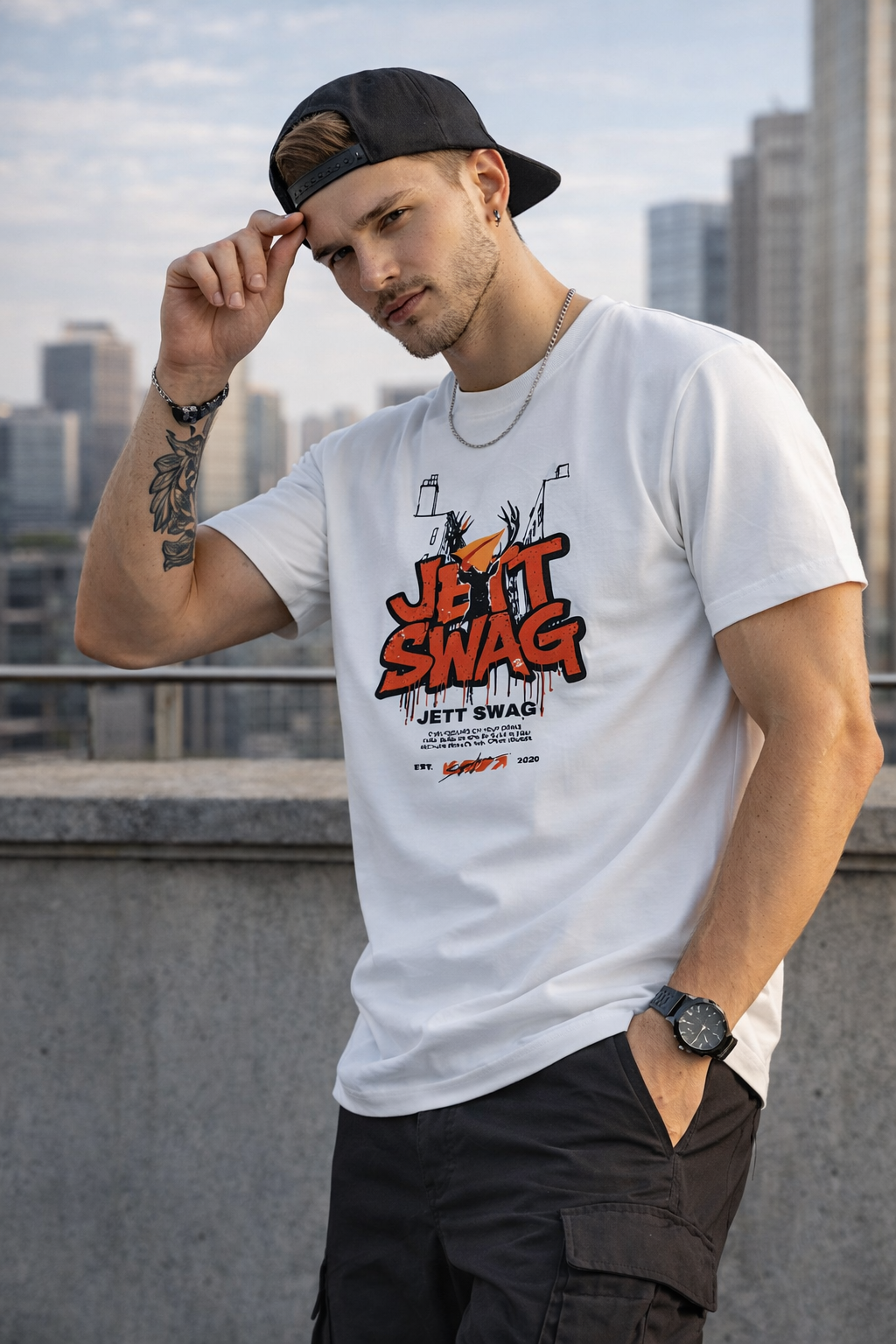 J S Men's 240 GSM Oversized White Printed T-Shirt