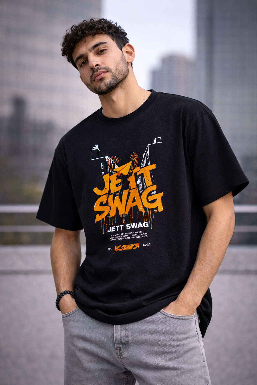 J S Men's 240 GSM Oversized Black Printed T-Shirt