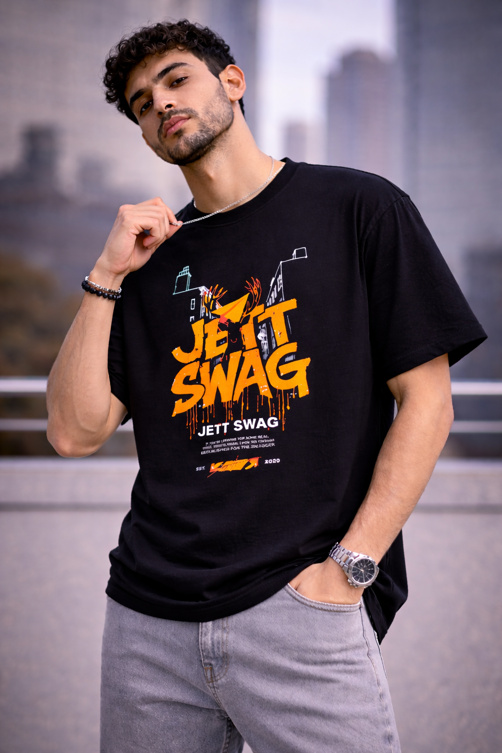 J S Men's 240 GSM Oversized Black Printed T-Shirt