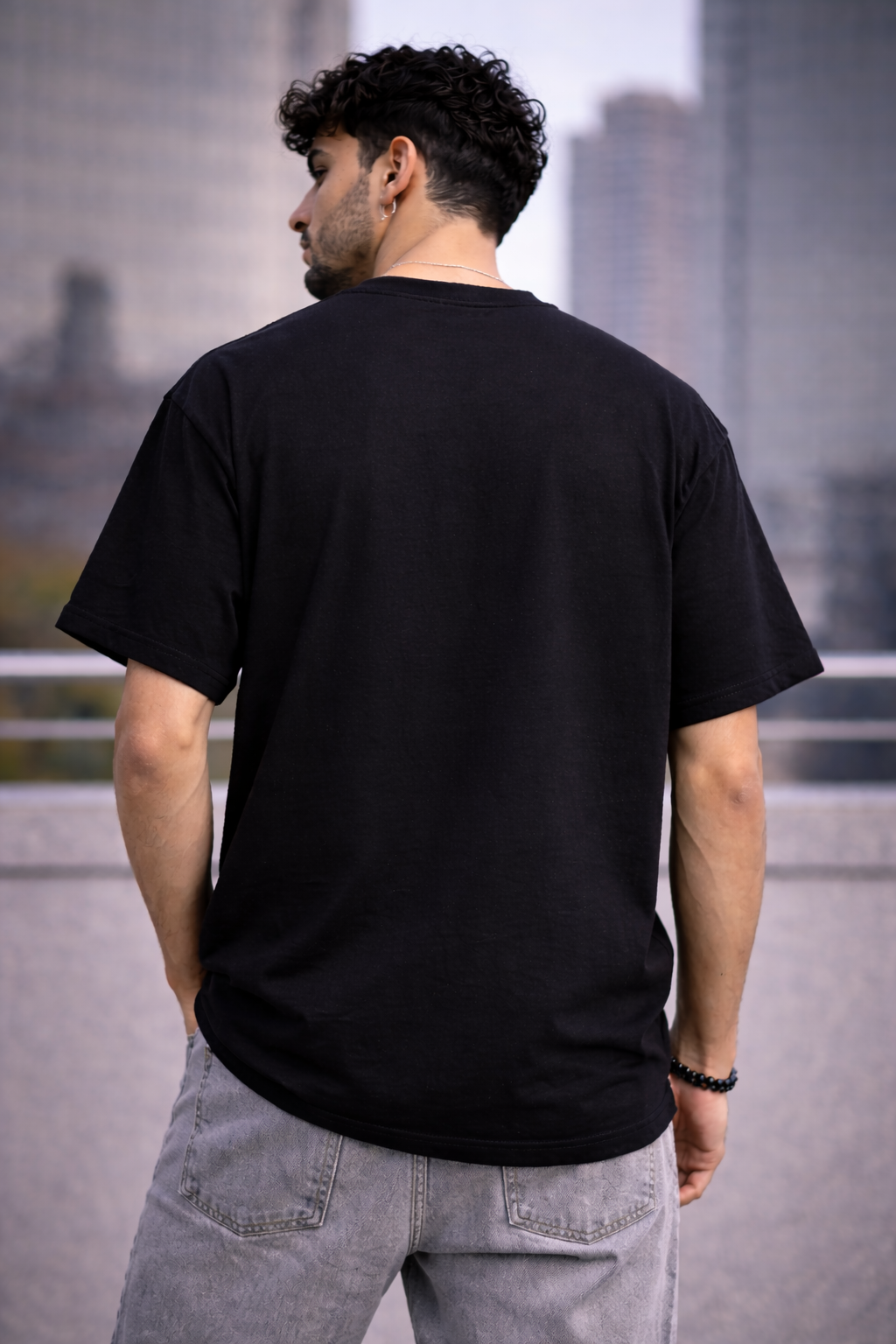 J S Men's 240 GSM Oversized Black Printed T-Shirt