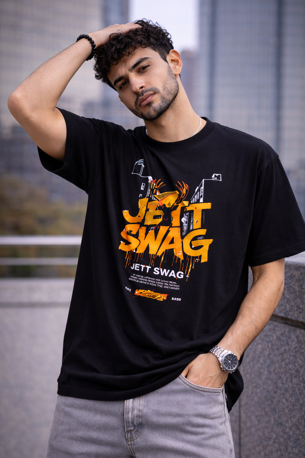 J S Men's 240 GSM Oversized Black Printed T-Shirt