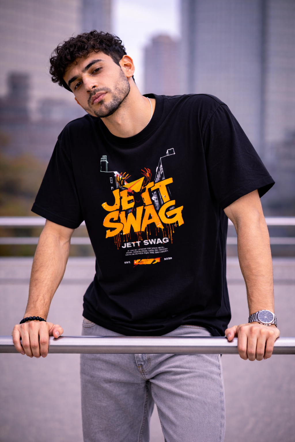 J S Men's 240 GSM Oversized Black Printed T-Shirt