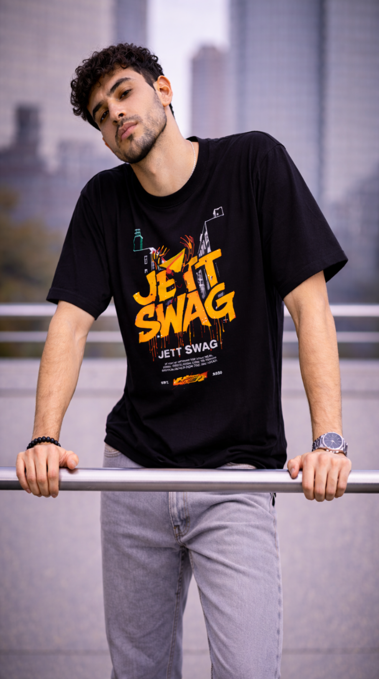 J S Men's 240 GSM Oversized Black Printed T-Shirt