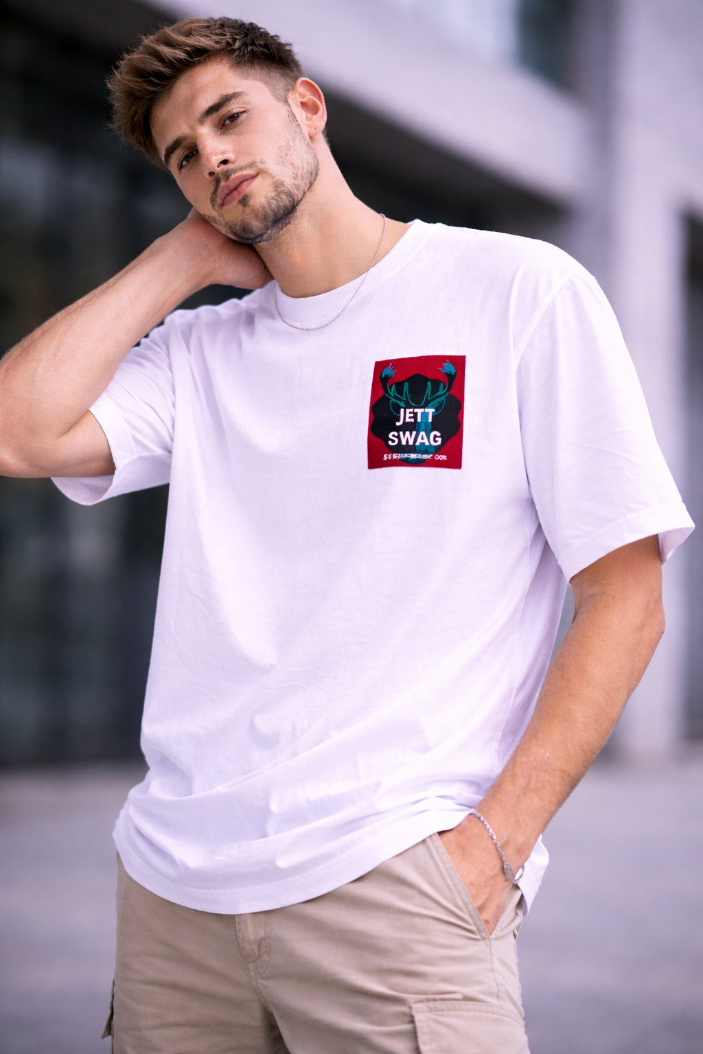 J S Men's 240 GSM Oversized white Printed T-Shirt