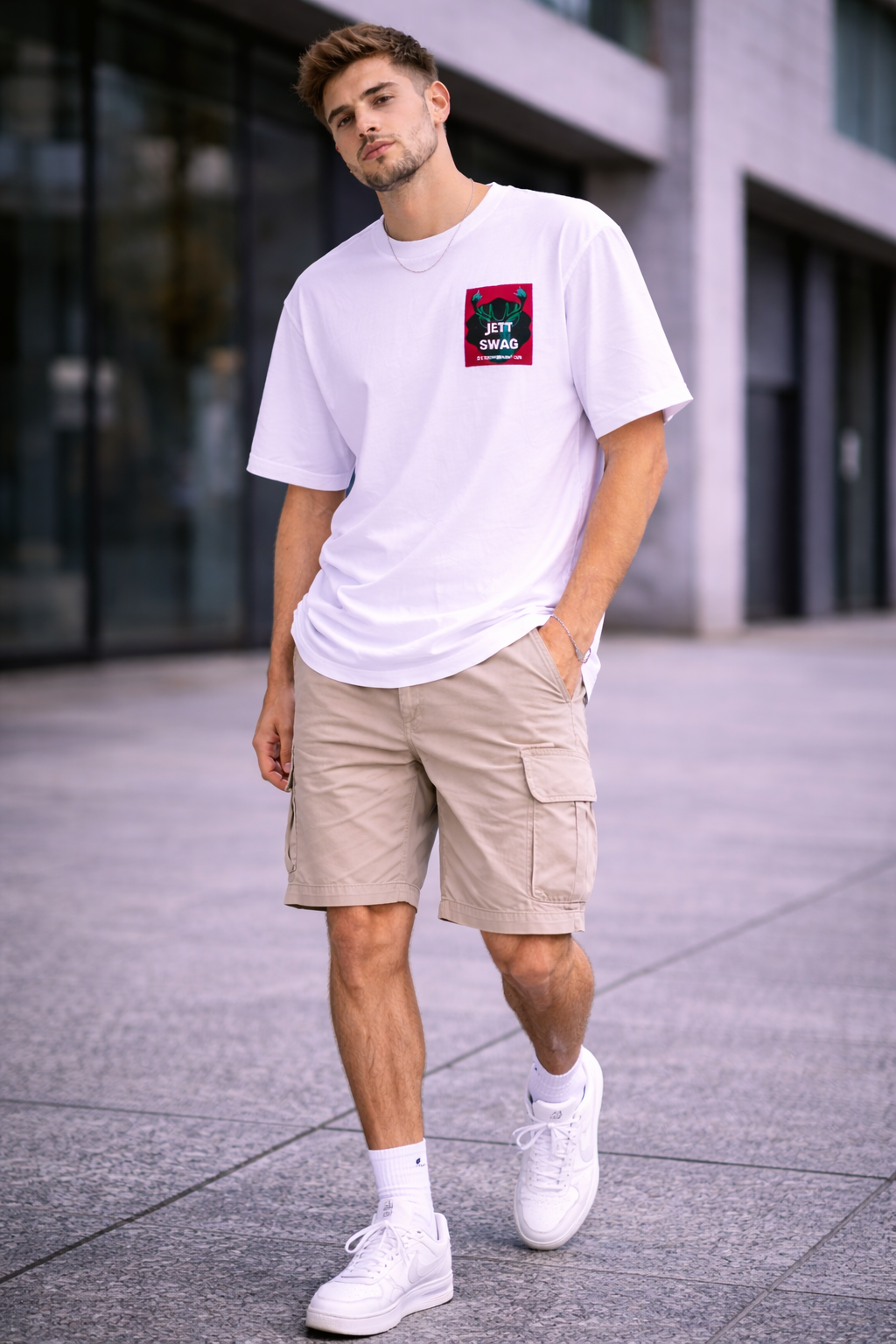 J S Men's 240 GSM Oversized white Printed T-Shirt