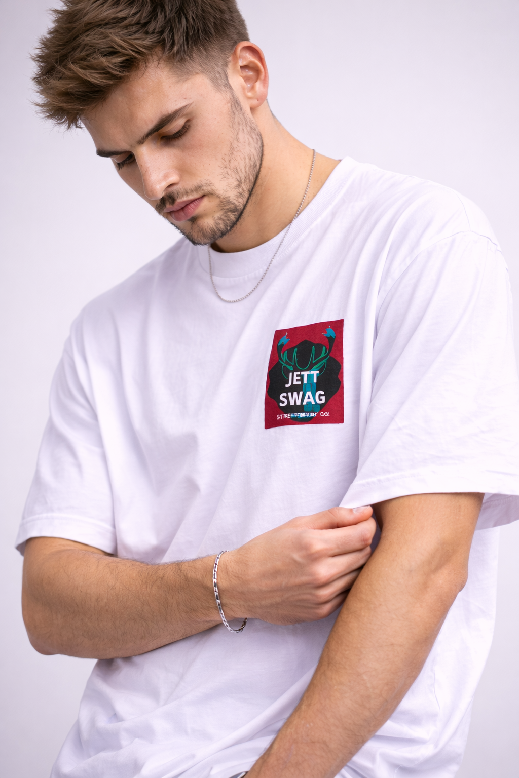 J S Men's 240 GSM Oversized white Printed T-Shirt