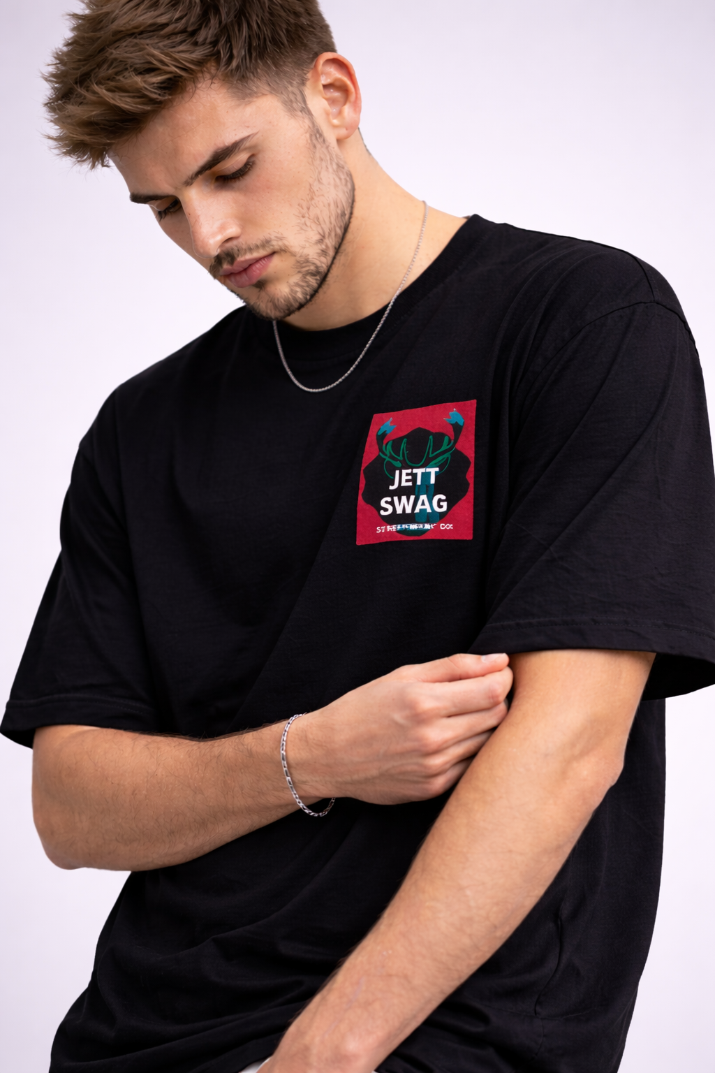 J S Men's 240 GSM Oversized Black Printed T-Shirt