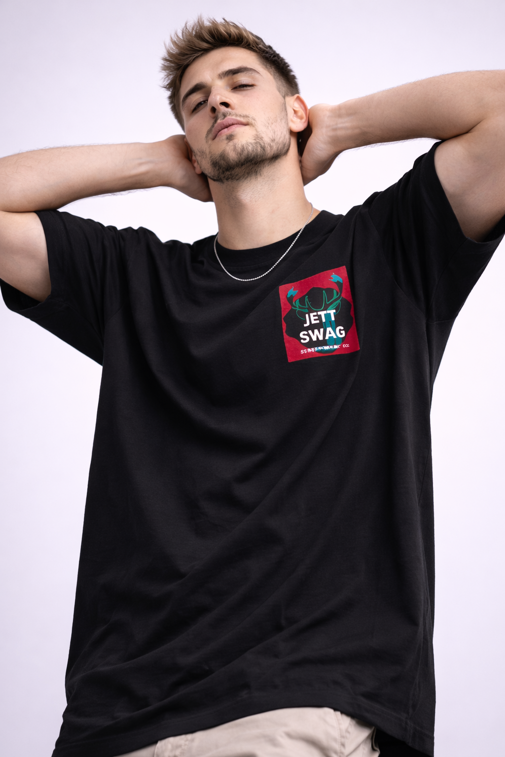 J S Men's 240 GSM Oversized Black Printed T-Shirt