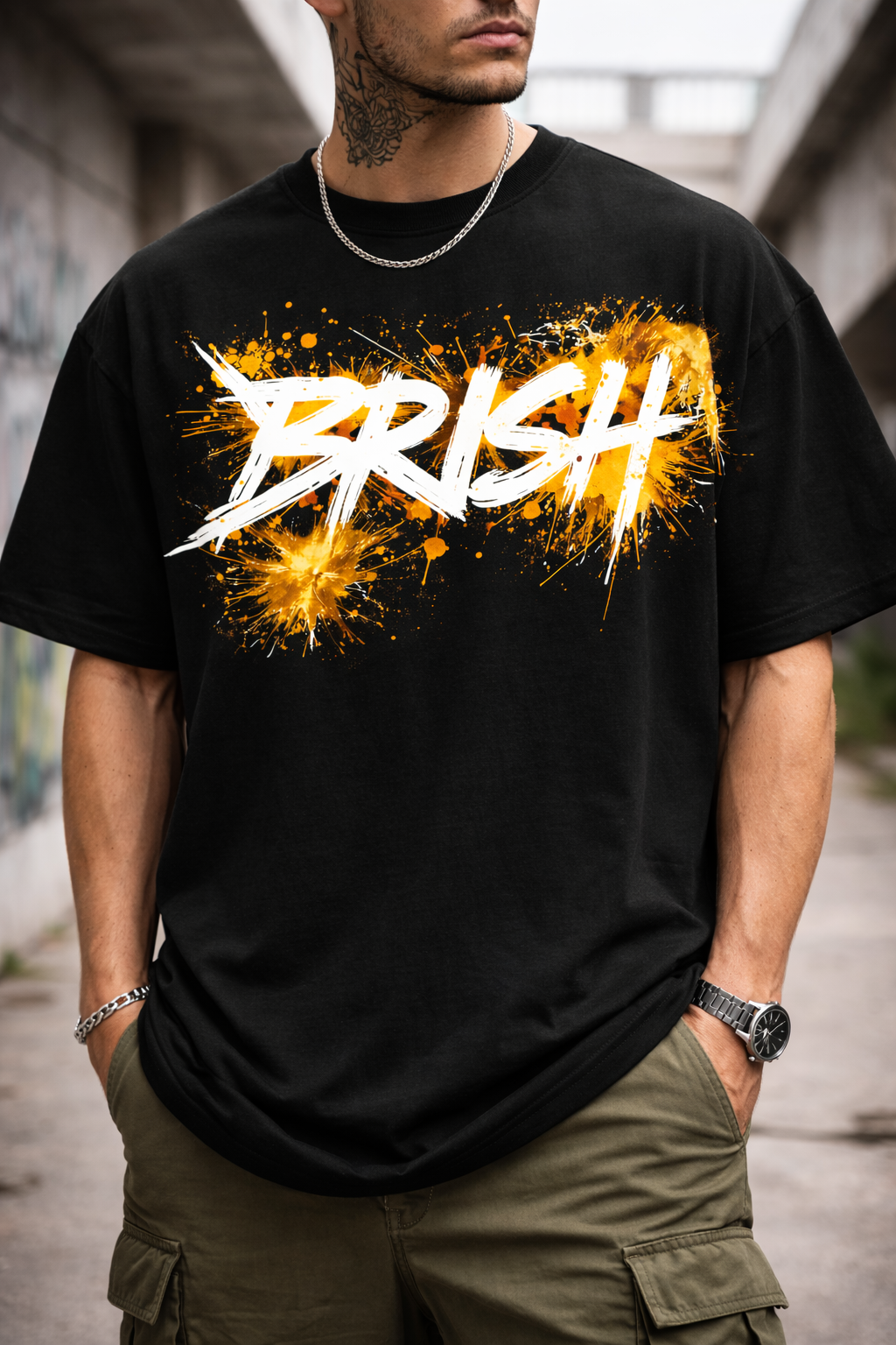 J S Men's 240 GSM Oversized Black Streetwear Graffiti PrintT-Shirt