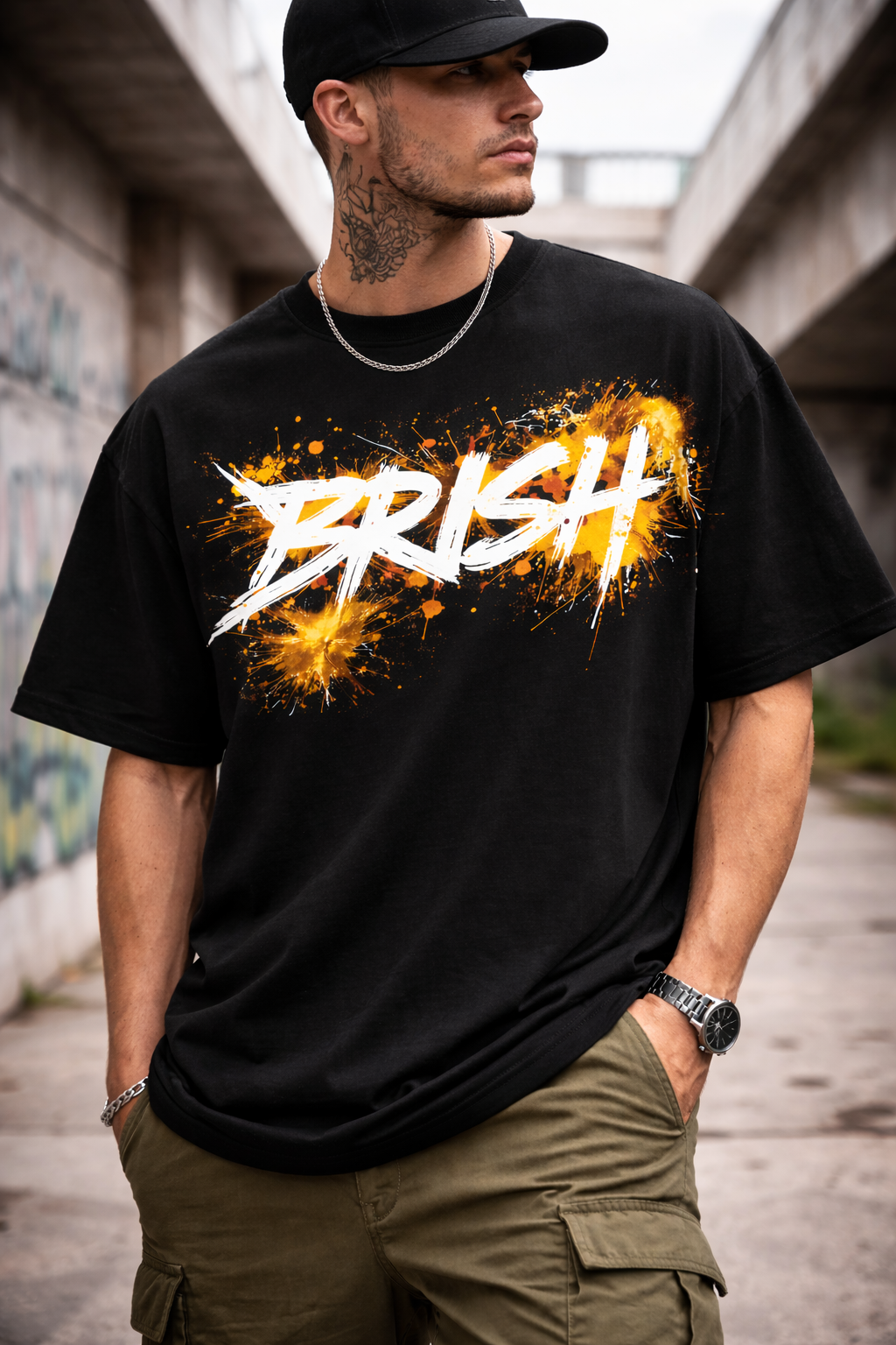 J S Men's 240 GSM Oversized Black Streetwear Graffiti PrintT-Shirt