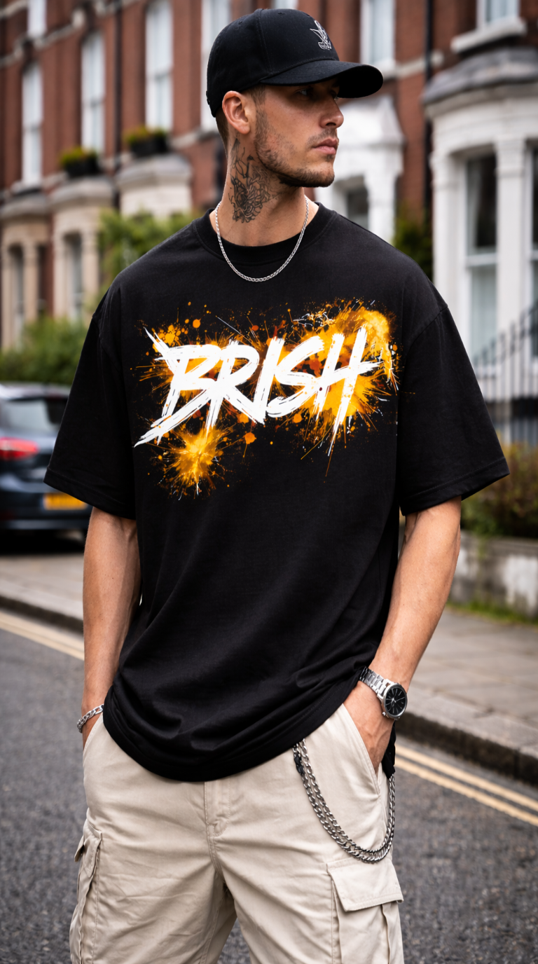 J S Men's 240 GSM Oversized Black Streetwear Graffiti PrintT-Shirt