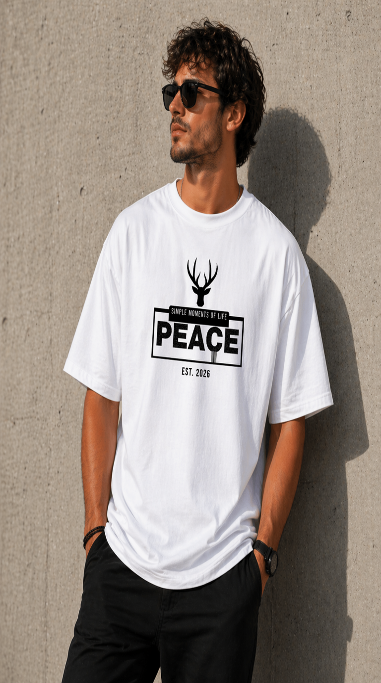 J S Men's 240 GSM Oversized  Peace White Printed T-Shirt