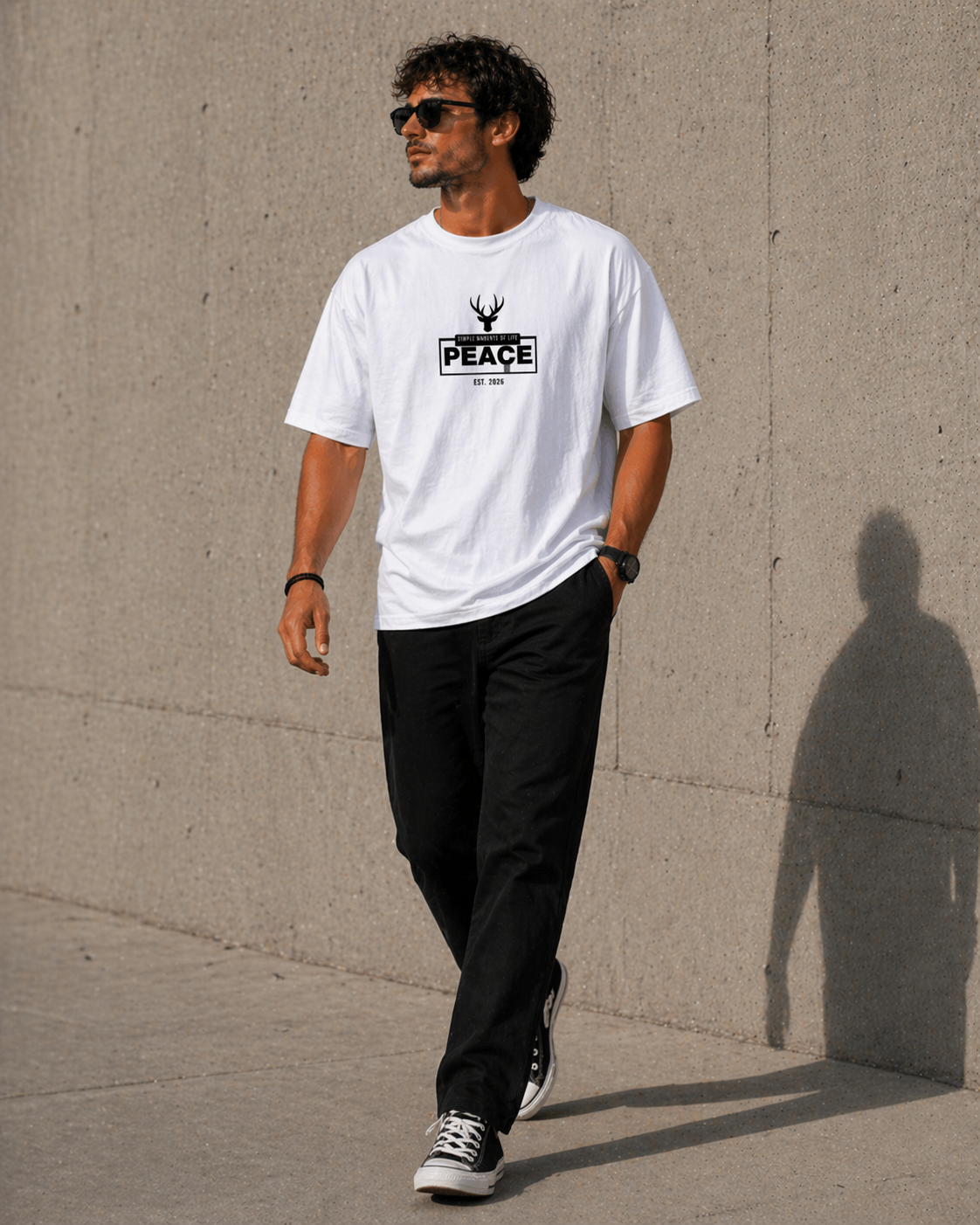 J S Men's 240 GSM Oversized  Peace White Printed T-Shirt