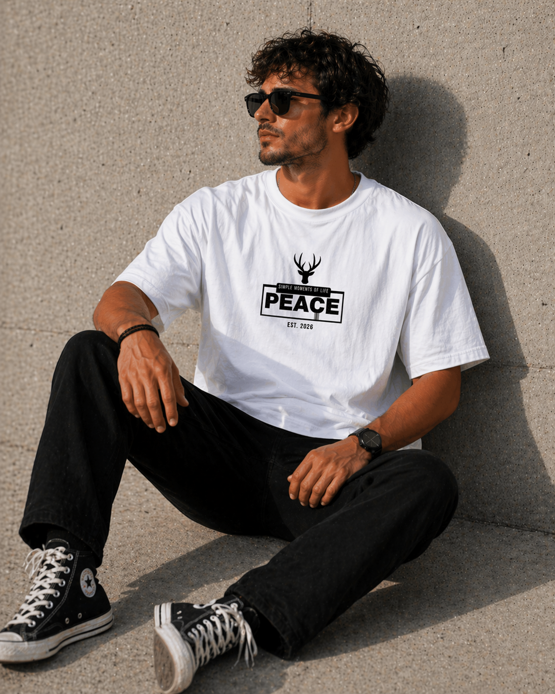 J S Men's 240 GSM Oversized  Peace White Printed T-Shirt