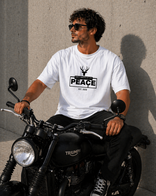 J S Men's 240 GSM Oversized  Peace White Printed T-Shirt