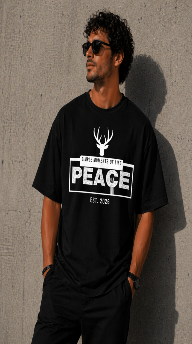 J S Men's 240 GSM Oversized  Peace Black Printed T-Shirt