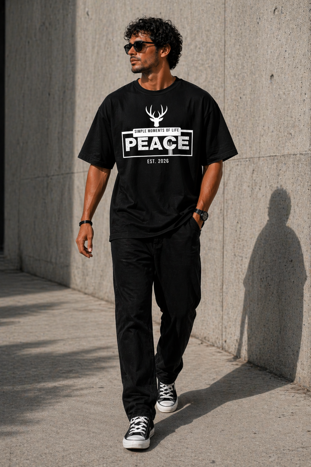 J S Men's 240 GSM Oversized  Peace Black Printed T-Shirt