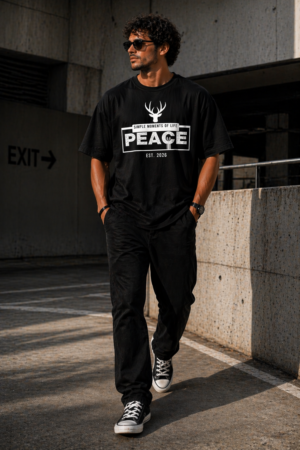J S Men's 240 GSM Oversized  Peace Black Printed T-Shirt