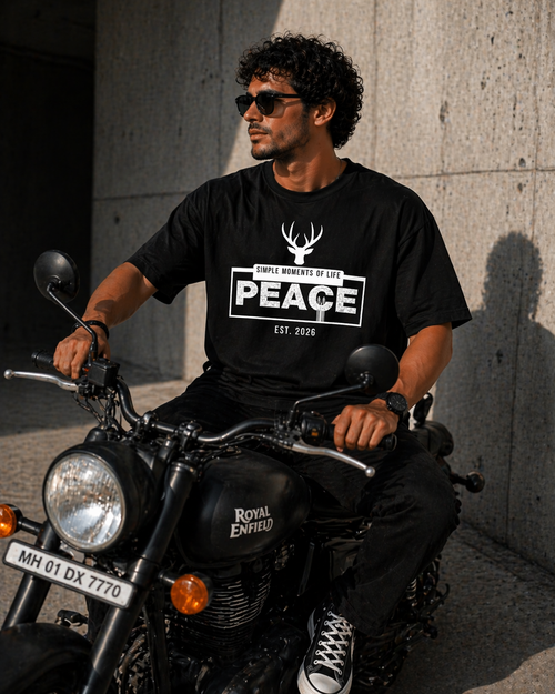 J S Men's 240 GSM Oversized  Peace Black Printed T-Shirt