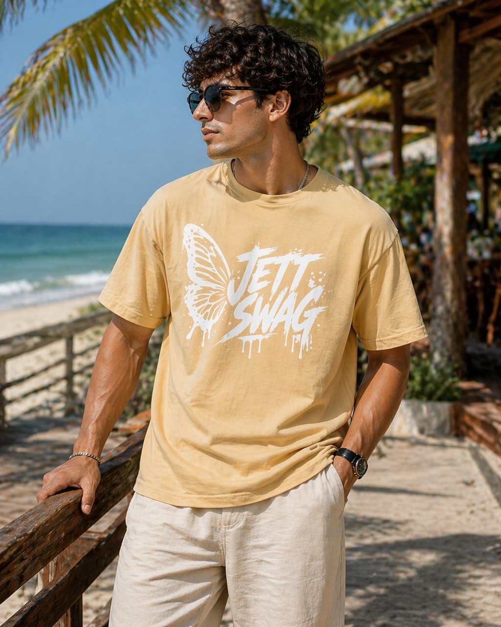 New Lunched Men's 240 GSM Oversized Beige Printed T-Shirt