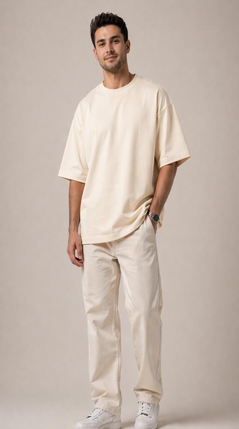 New Lunched Men's 240 GSM Oversized Cream Plain T-Shirt