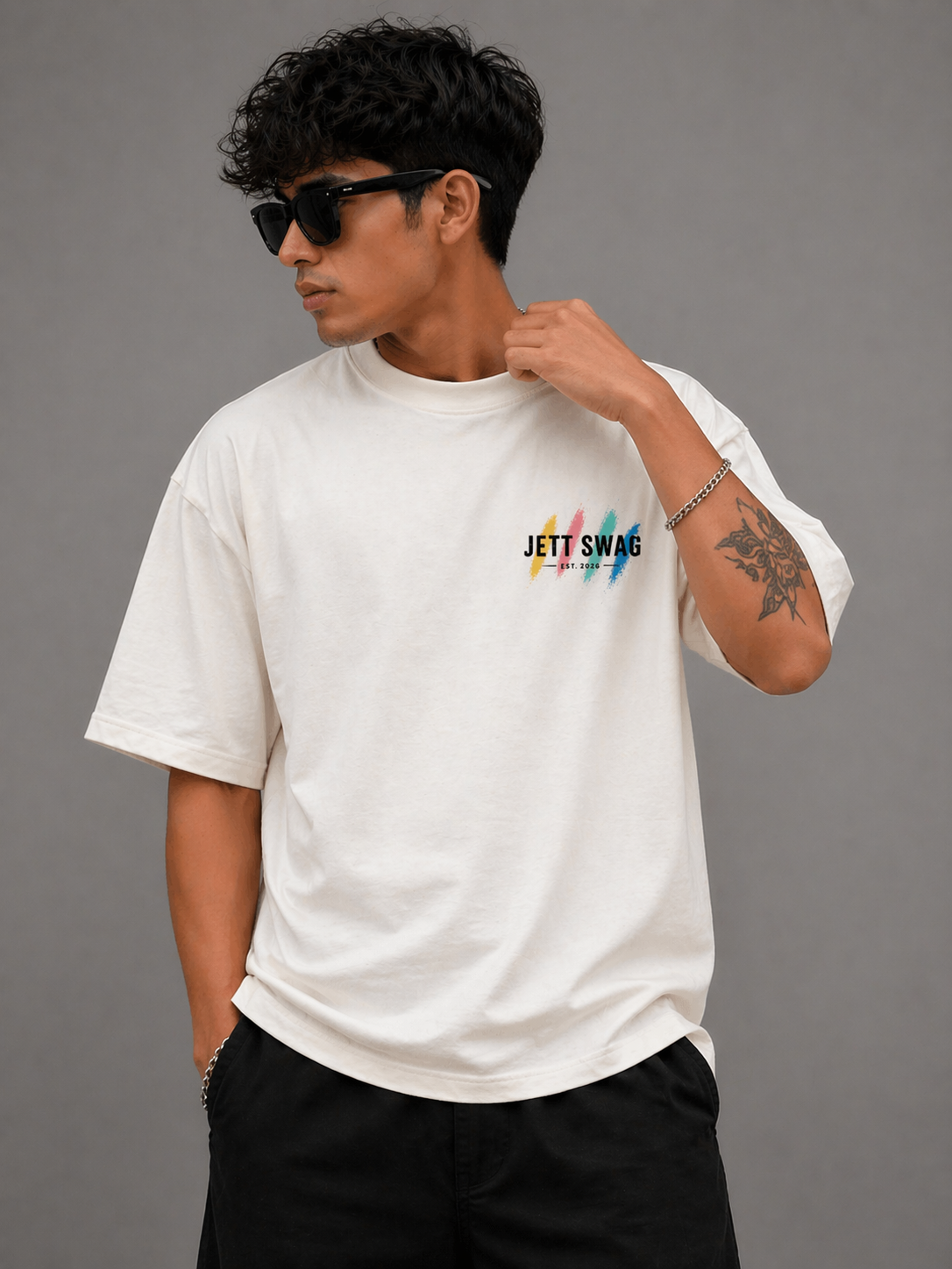 New Lunched J S Men's 240 GSM Oversized  Rainbow colors  White Printed T-Shirt