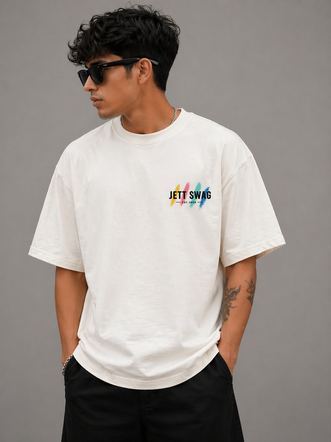 New Lunched J S Men's 240 GSM Oversized  Rainbow colors  White Printed T-Shirt