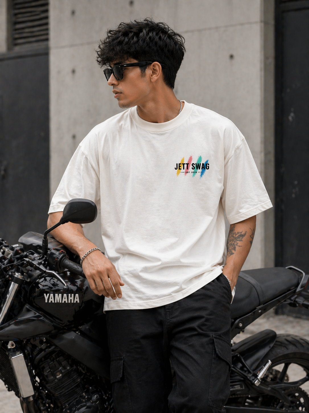 New Lunched J S Men's 240 GSM Oversized  Rainbow colors  White Printed T-Shirt
