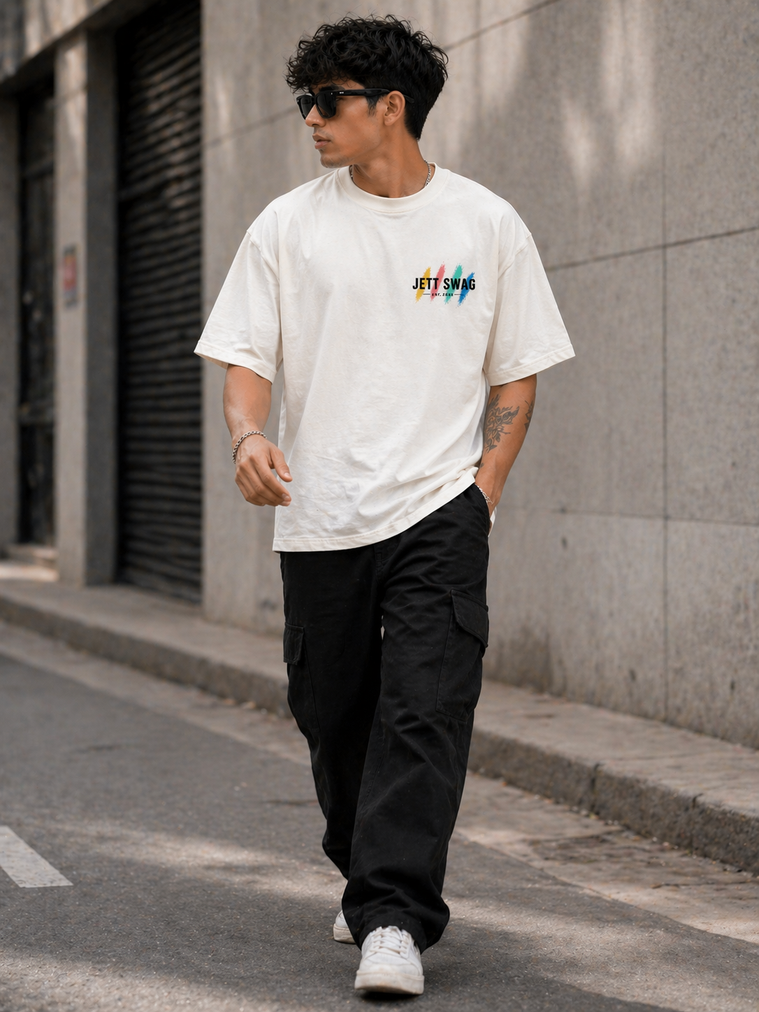 New Lunched J S Men's 240 GSM Oversized  Rainbow colors  White Printed T-Shirt