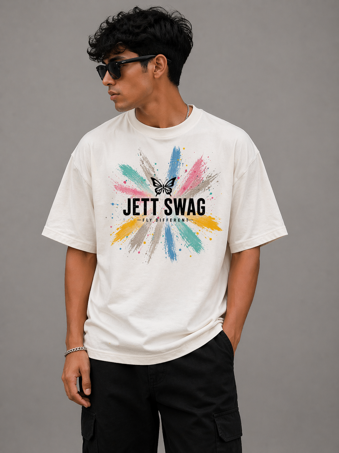 New Lunched J S Men's 240 GSM Oversized  Butterfly Colors  Half white Printed T-Shirt