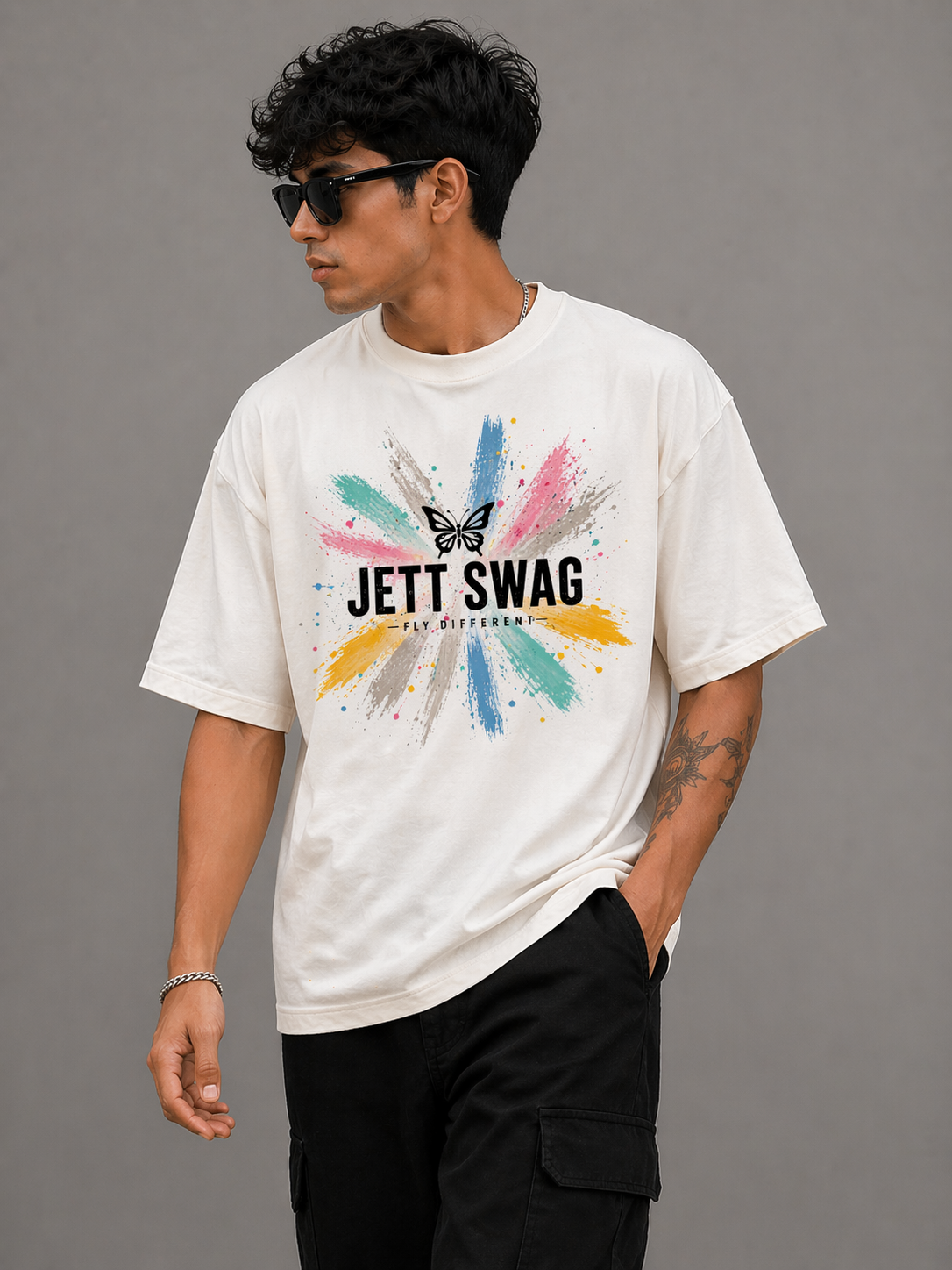 New Lunched J S Men's 240 GSM Oversized  Butterfly Colors  Half white Printed T-Shirt