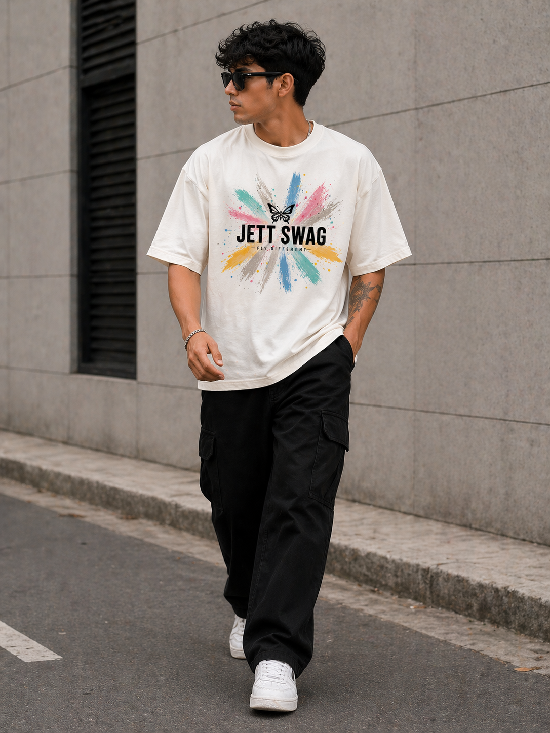 New Lunched J S Men's 240 GSM Oversized  Butterfly Colors  Half white Printed T-Shirt