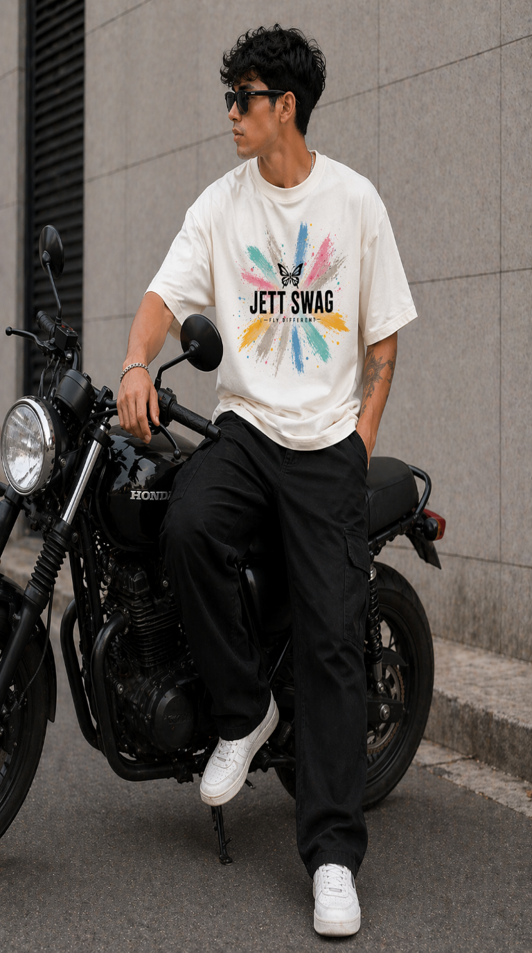 New Lunched J S Men's 240 GSM Oversized  Butterfly Colors  Half white Printed T-Shirt