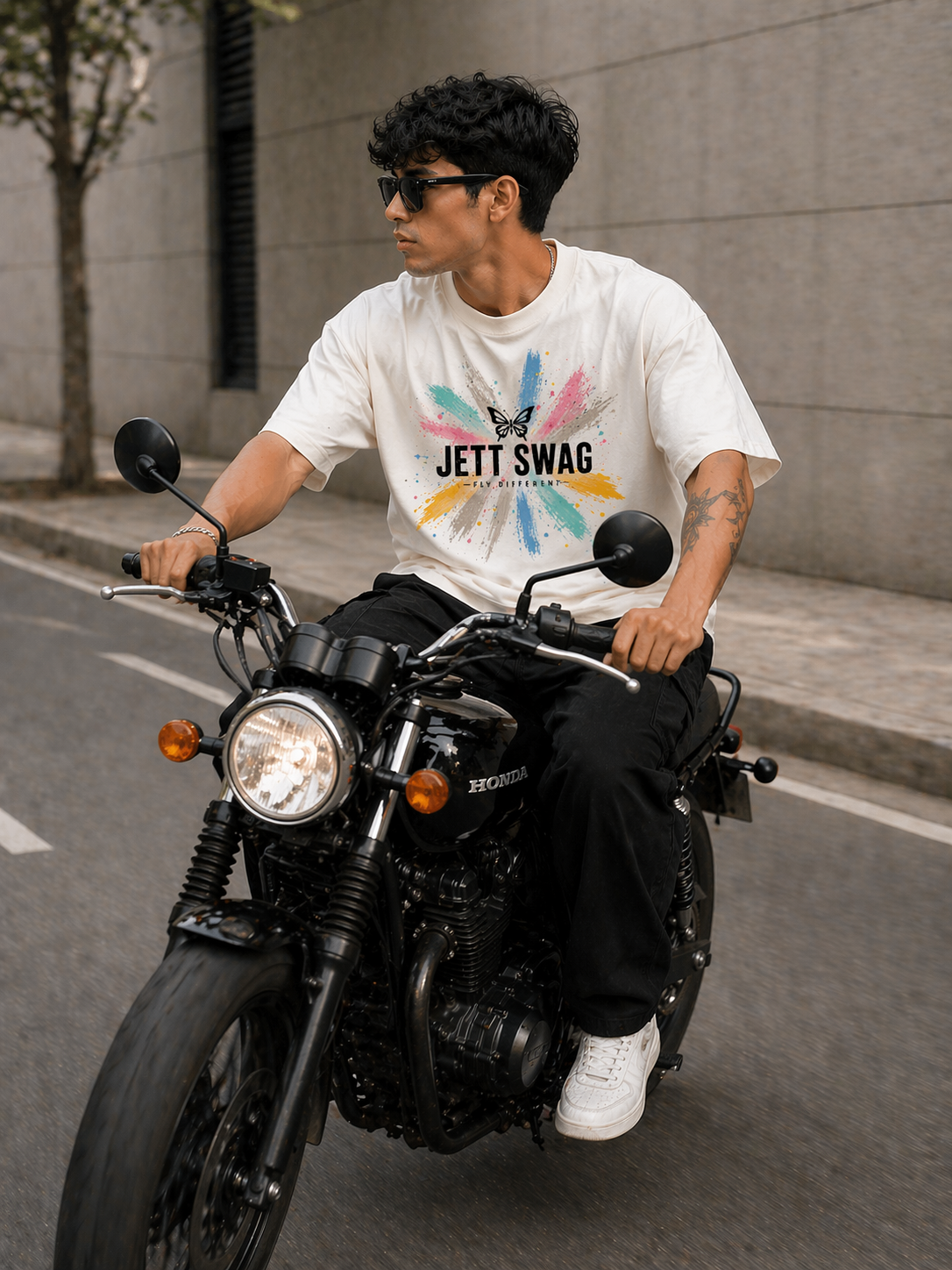 New Lunched J S Men's 240 GSM Oversized  Butterfly Colors  Half white Printed T-Shirt