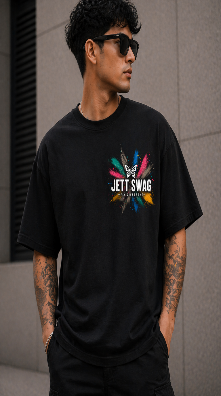 New Lunched J S Men's 240 GSM Oversized  Butterfly Colors  Black Printed T-Shirt