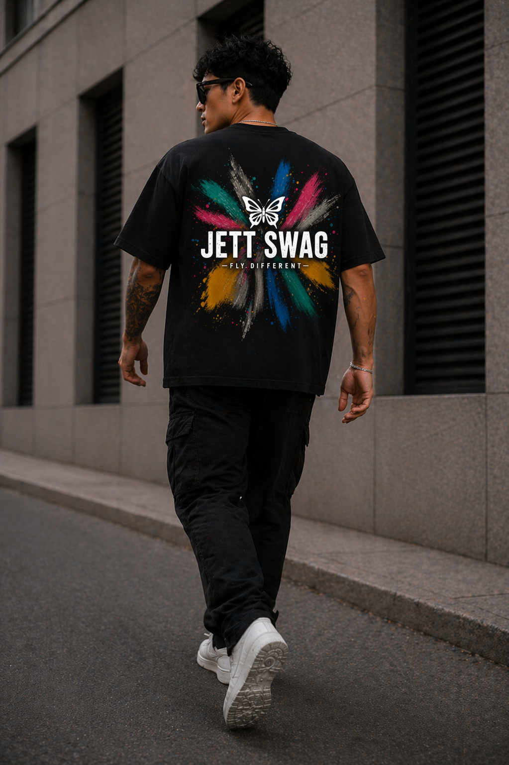 New Lunched J S Men's 240 GSM Oversized  Butterfly Colors  Black Printed T-Shirt