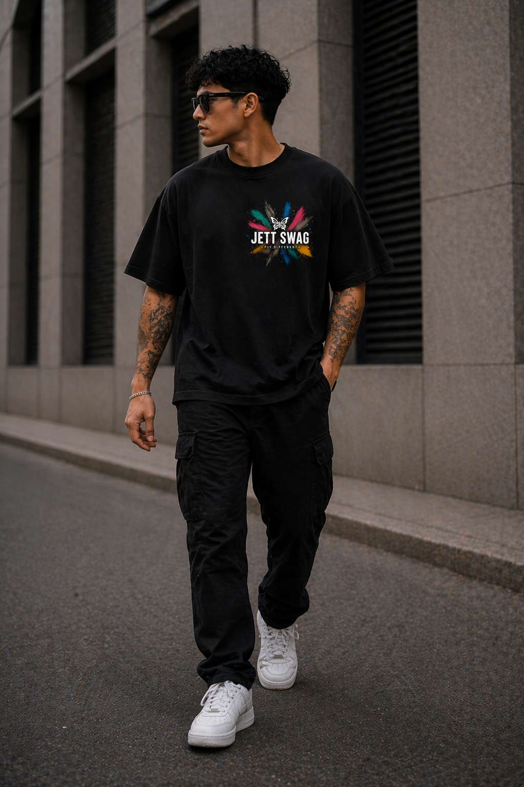 New Lunched J S Men's 240 GSM Oversized  Butterfly Colors  Black Printed T-Shirt