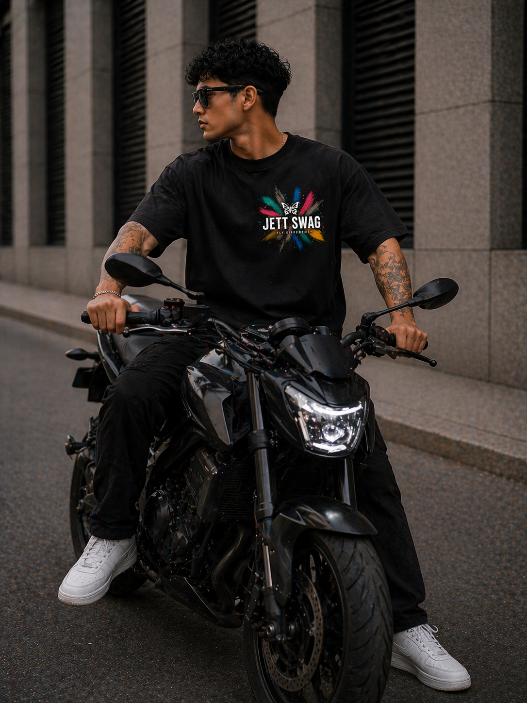 New Lunched J S Men's 240 GSM Oversized  Butterfly Colors  Black Printed T-Shirt
