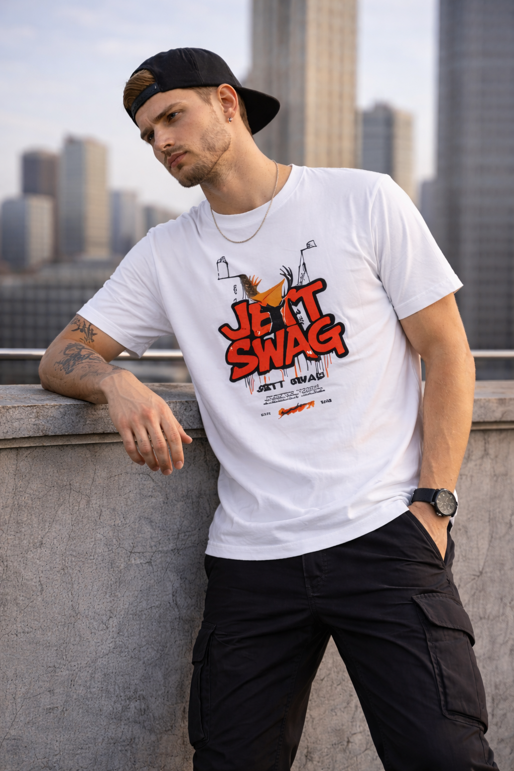 J S Men's 240 GSM Oversized White Printed T-Shirt