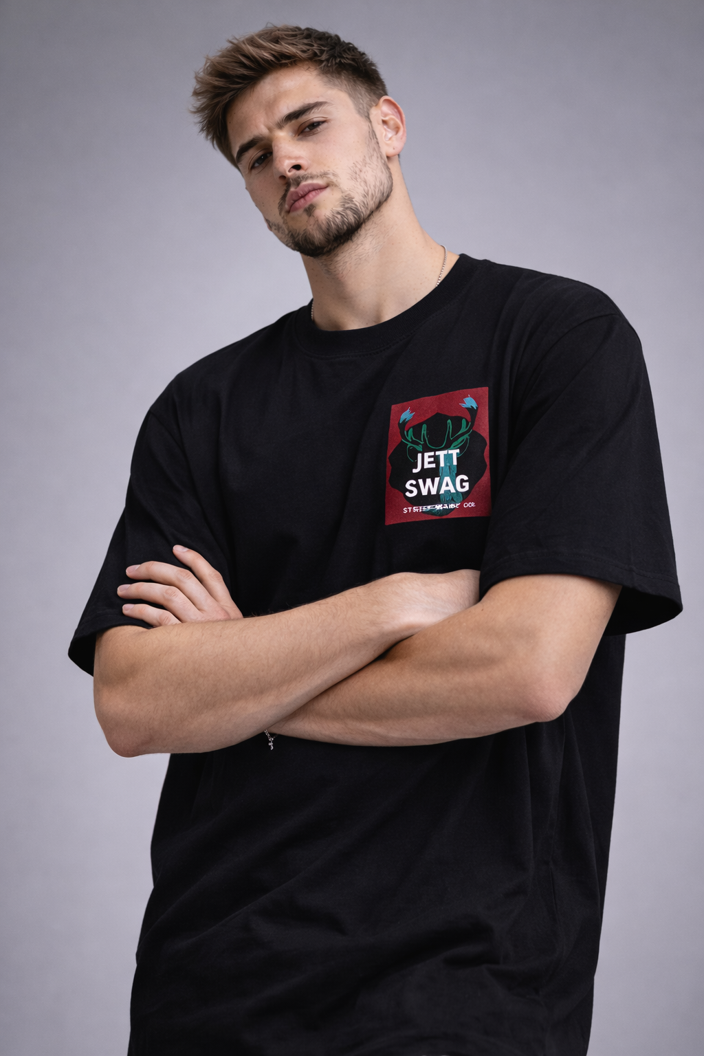 J S Men's 240 GSM Oversized Black Printed T-Shirt