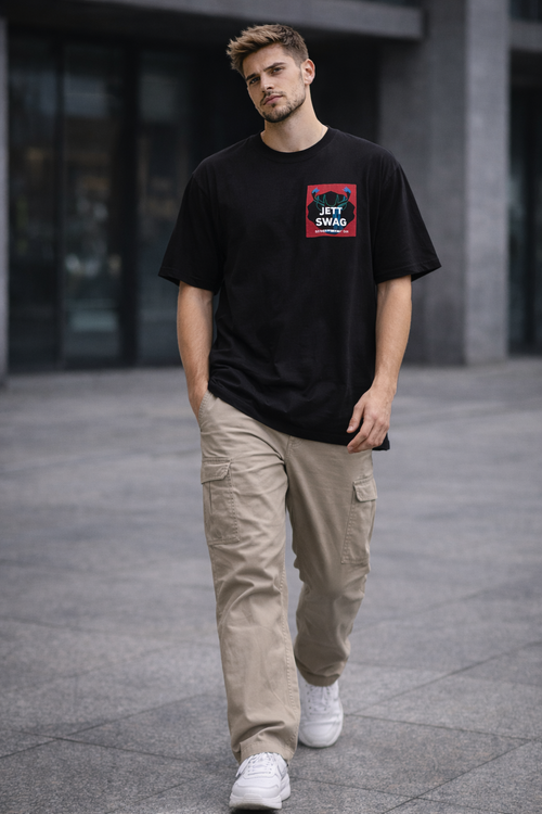J S Men's 240 GSM Oversized Black Printed T-Shirt