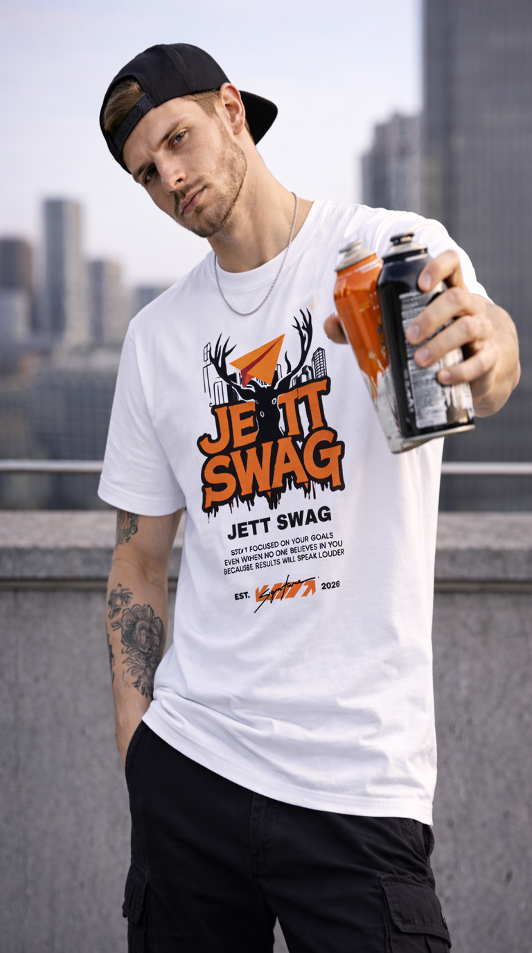 J S Men's 240 GSM Oversized White Printed T-Shirt