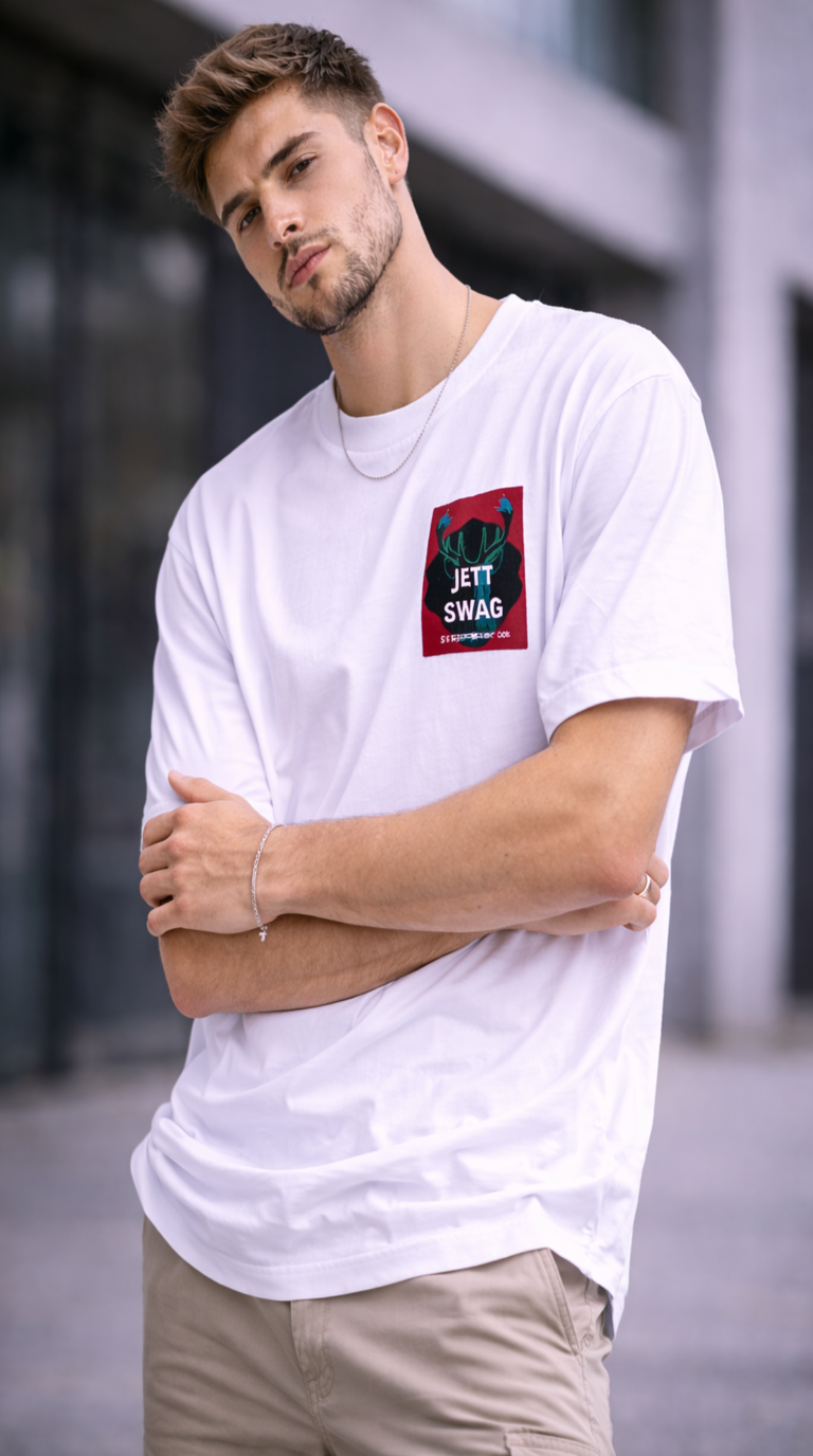 J S Men's 240 GSM Oversized white Printed T-Shirt